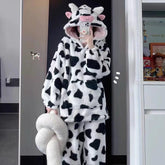 Cute Cow Print Winter Fleece Pajamas Loungewear Set